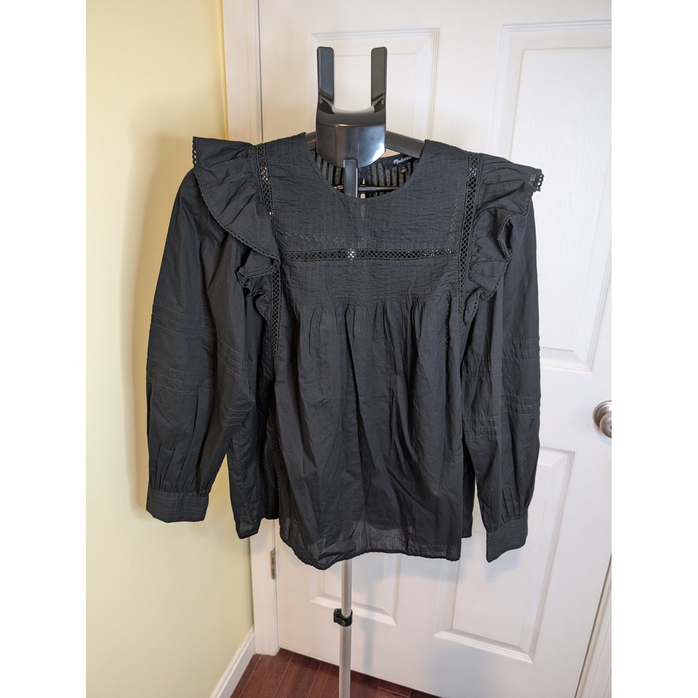 Madewell Blouse Womens Small Black Ruffle Eyelet Trim Long Sleeve Cotton Top
